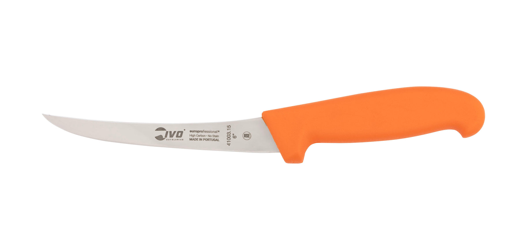 An orange in-stock poultry processing knife from Wolff Industries.
