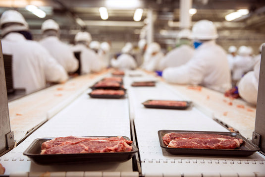 A factory line of workers using Wolff knives to process red meat for packaging.